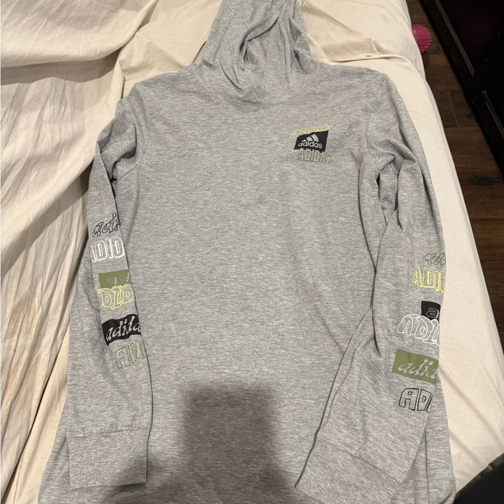 adidas Light Gray Hoodie with Green and Black Sleeve Logos - Picture 1 of 6